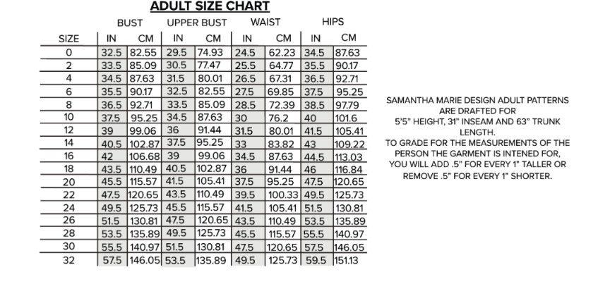 Adult size chart: bust, upper bust, waist and hips for sizes 0 to 32, in inches and centimeters